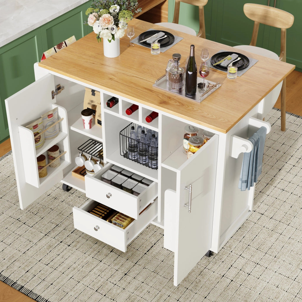 Isola cucina con piano ribaltabile 137,9 x 73 x 92,2 cm, 2 cassetti, ruote girevoli e vano portabottiglie, bianco