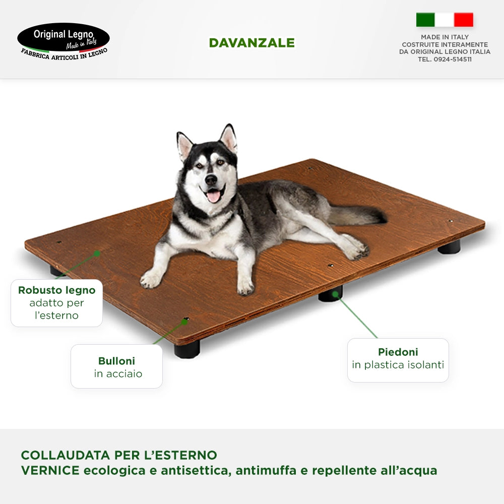 CUCCIA IN LEGNO PER CANI DA ESTERNO MODELLO ALPI CON PENSILINA E DAVANZALE  CON "TENDINA OMAGGIO" L.60 x P.85 x H.48