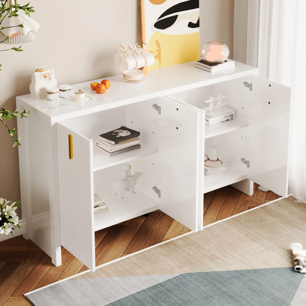 Sideboard bianco moderno con maniglie dorate e ripiani regolabili, 140x38x80 cm