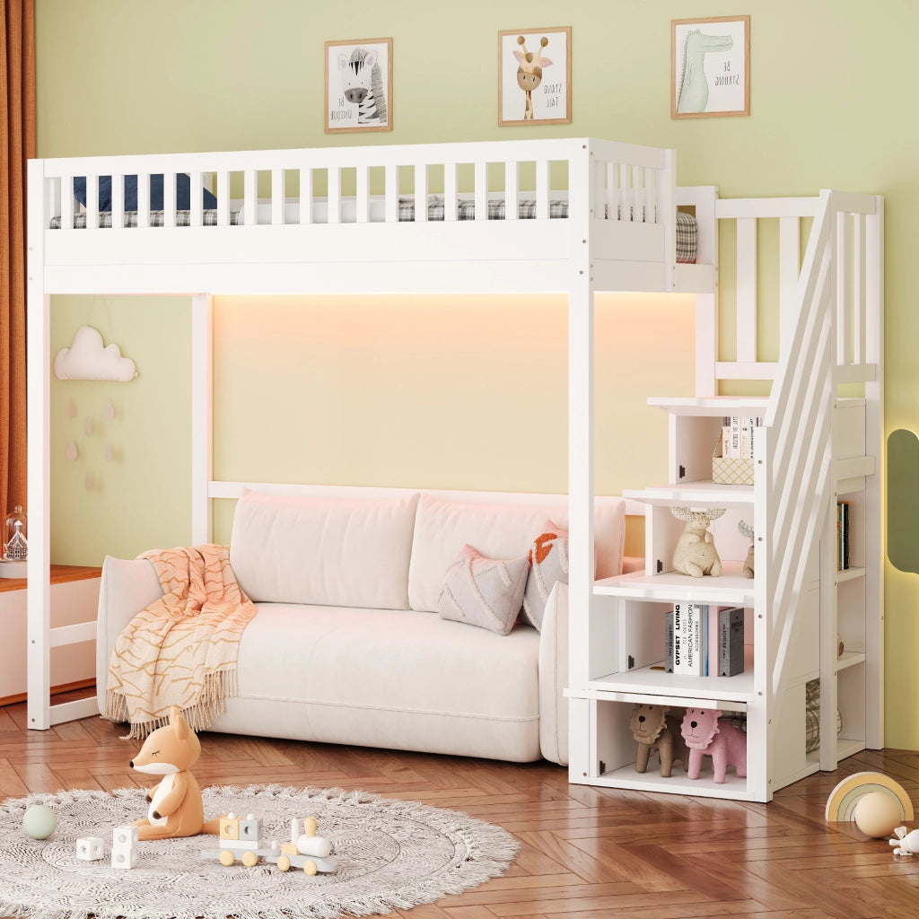 Letto a soppalco 90x200 cm in legno con scala contenitore e LED; bianco