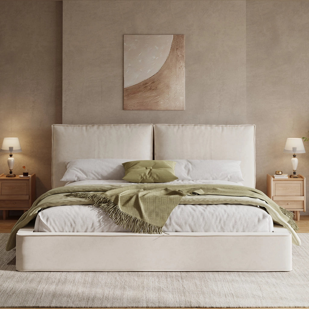 Letto matrimoniale 180 x 200 cm, testiera imbottita, tessuto chenille, beige