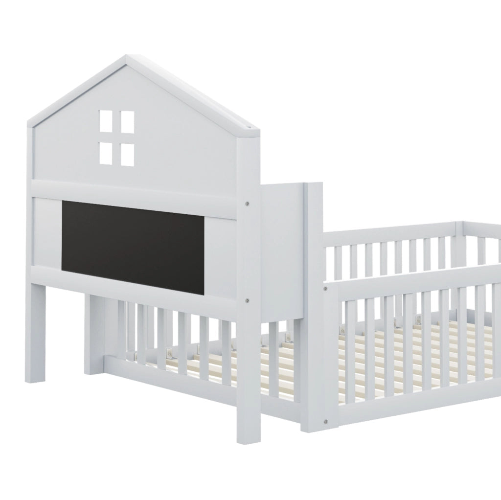 Letto per bambini a forma di casa con contenitori, sponde di sicurezza e rete a doghe