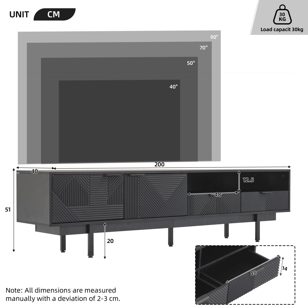 Mobile porta TV nero con ante e vani a giorno 200x40x51 cm