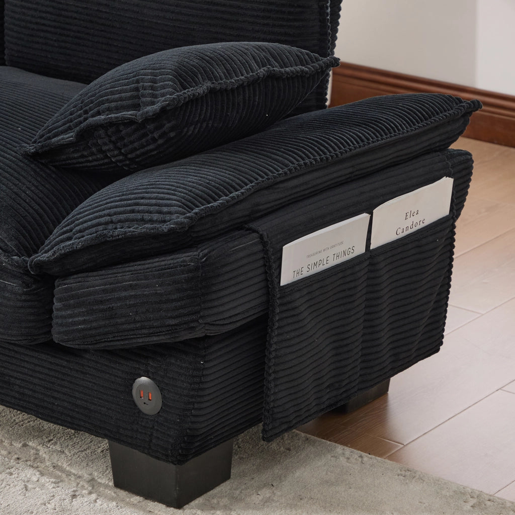 Divano 2 Posti con Porta USB-C e Tasche Laterali, in Ciniglia Nero