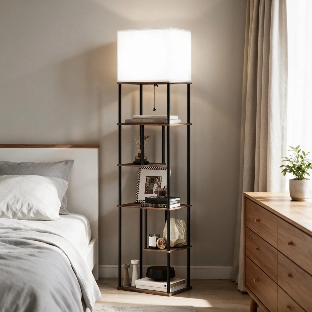 Lampada da terra ULEVR 40x29x171 cm con 5 ripiani, dimmerabile con telecomando, beige e nero