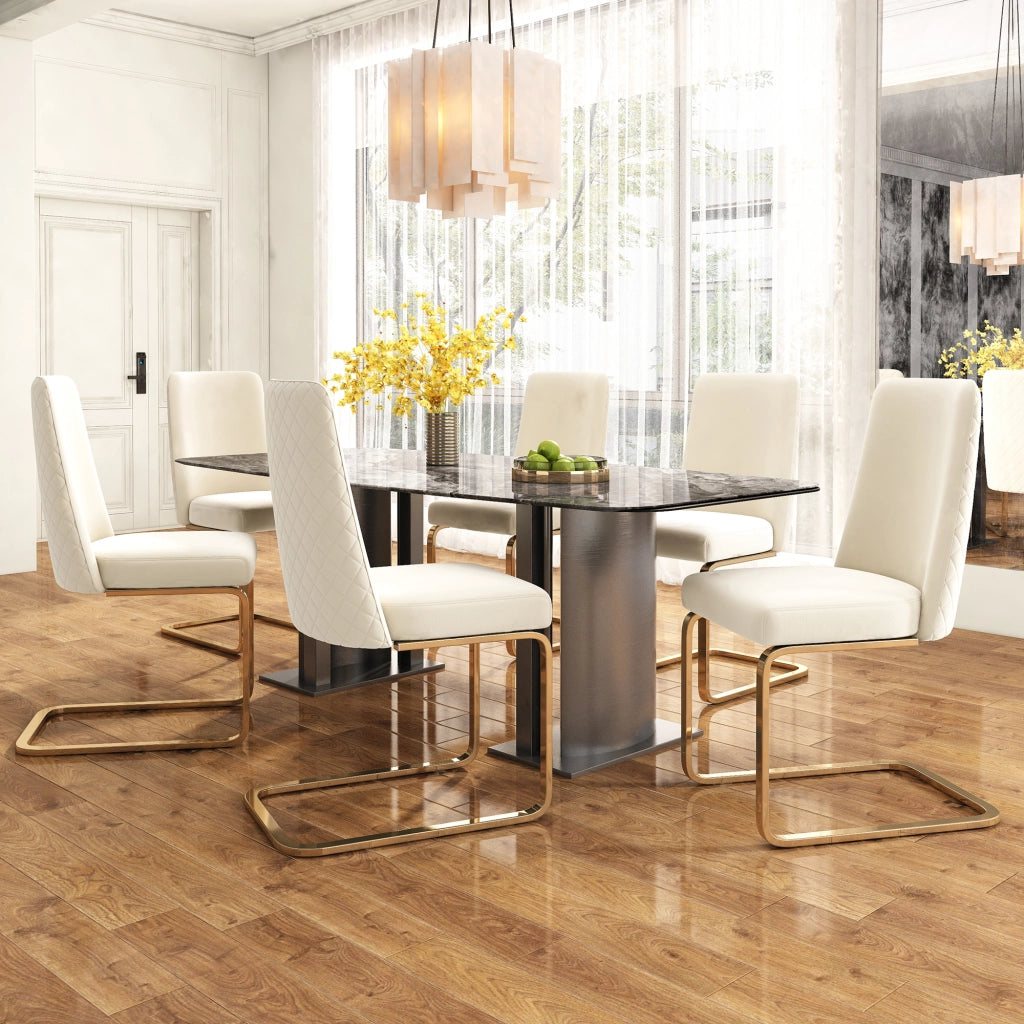 Set di 4 sedie da pranzo con schienale trapuntato e seduta imbottita in velluto beige con gambe in metallo