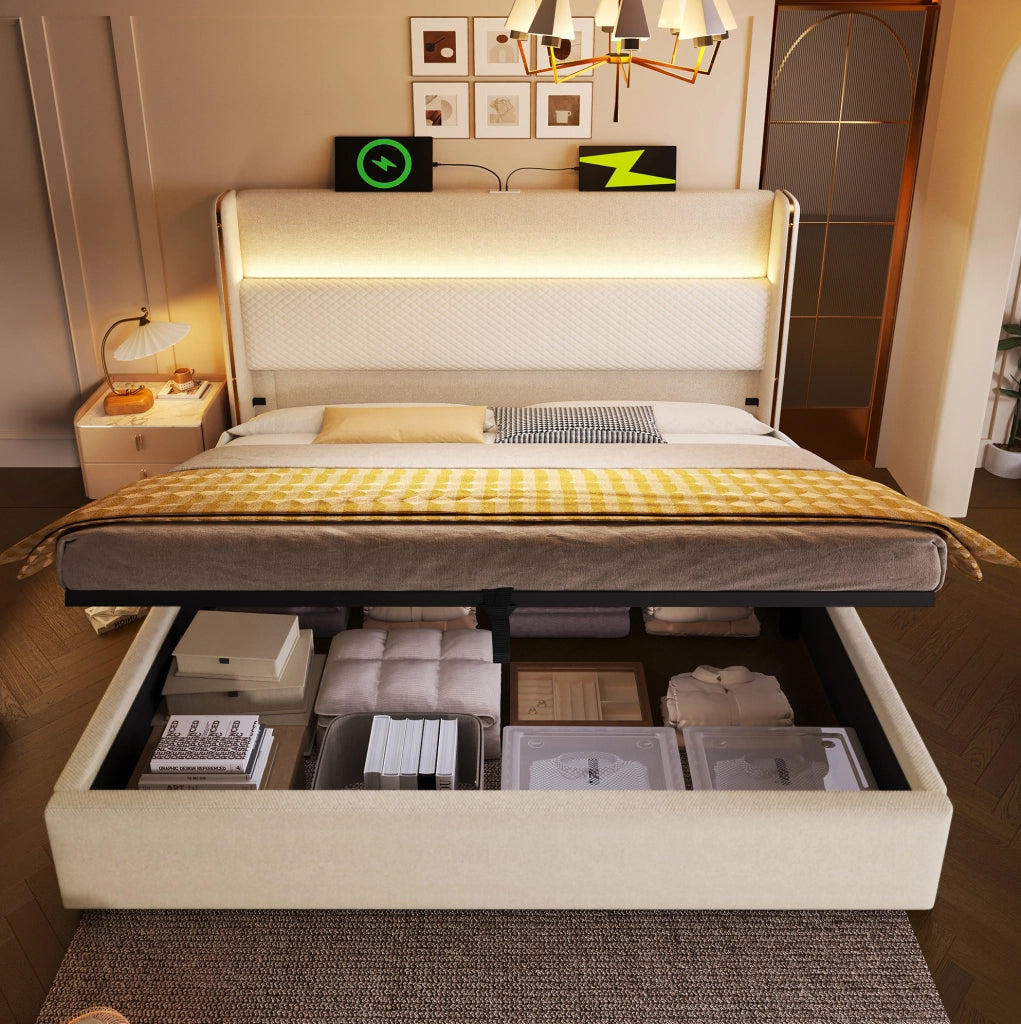 Letto contenitore 160x200 cm beige con LED, USB e Type-C