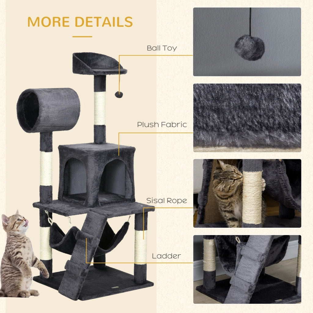 Albero per Gatti con Tiragraffi 48x48x125 cm Casetta Amaca Letto e Tunnel in Truciolato Peluche e Sisal Grigio