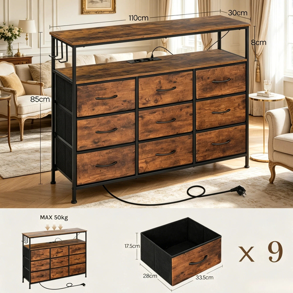 Comò con 9 cassetti e 2 ripiani in legno E1 e metallo 110x85x30 cm, colore marrone rustico e nero