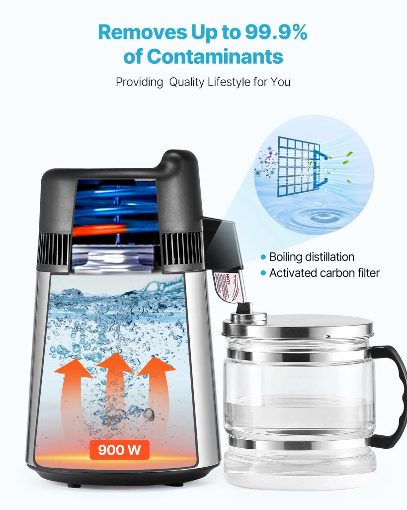 Distillatore d'acqua da banco 6 L 900 W YMK60208 in acciaio inox 304 e vetro, purificatore robusto e facile da usare per uso domestico e cucina