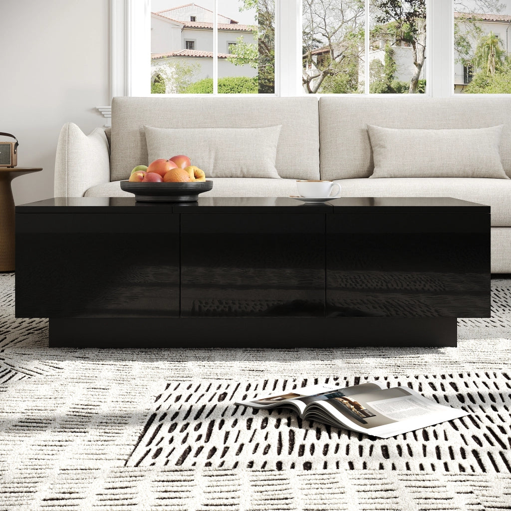 Tavolino da caff¨¨ moderno nero lucido con cassetti e scomparto scorrevole ¨C Tavolino rettangolare da soggiorno con ampio spazio contenitivo, design