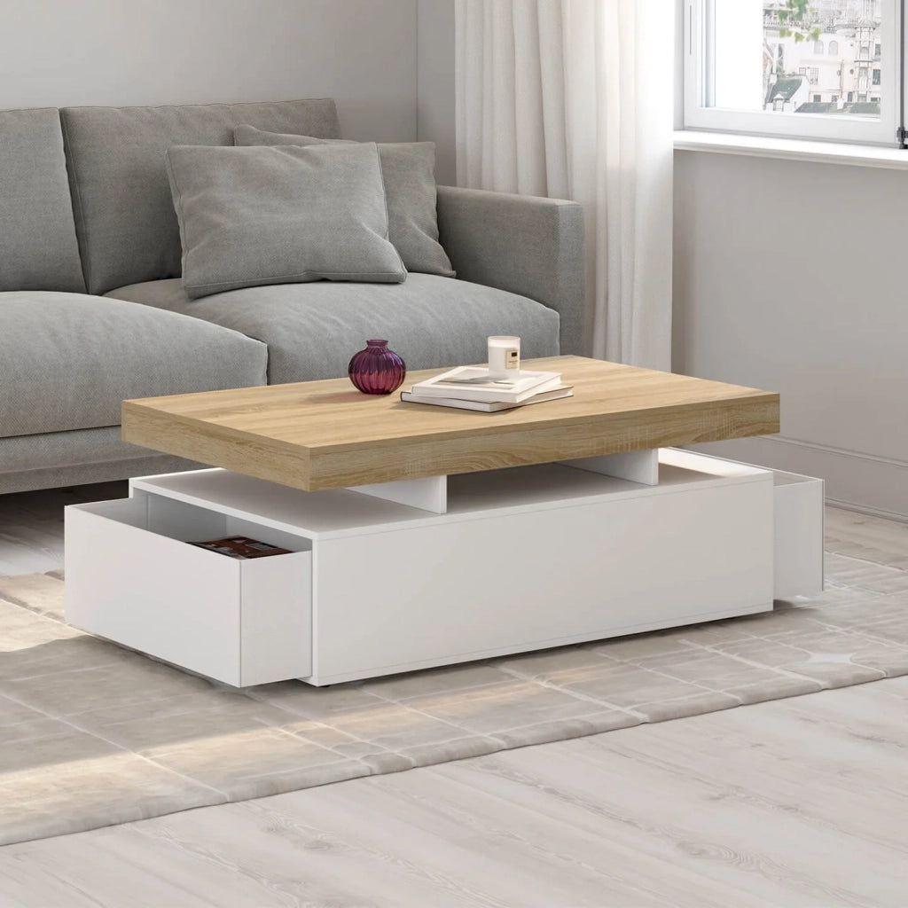IDMarket - Tavolino rettangolare ELSA da 100 cm con 2 cassetti in legno bianco e piano effetto faggio