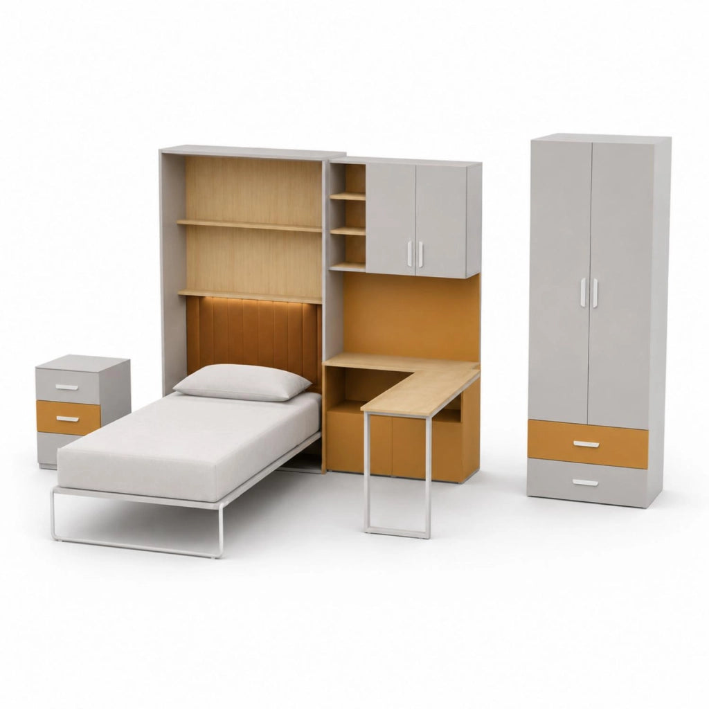 Cameretta Salvaspazio In Melaminico Con Letto A Scomparsa Armadio Scrivania E Cassettiera Per Camera Bambini Ragazzi Stanza Ospiti 133 X 208.5 X 45-216 Cm Cashmere E Giallo