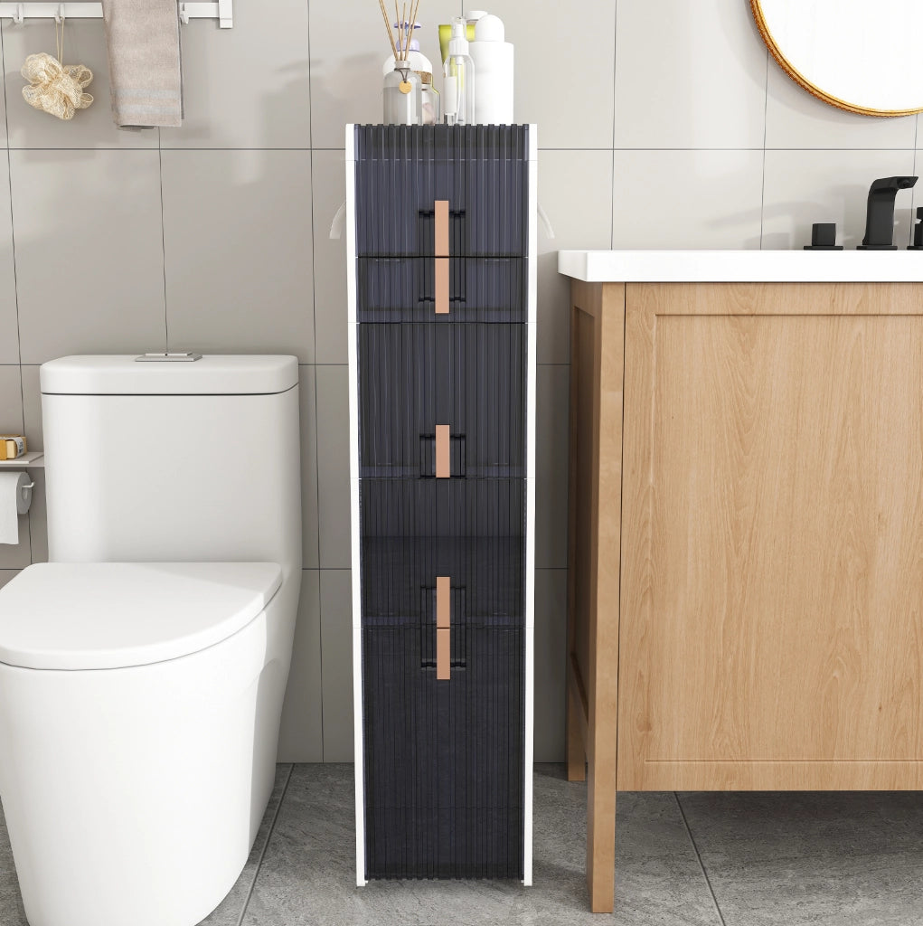 Mobile contenitore stretto in PP bianco con 4 cassetti; 2 coperchi e ruote