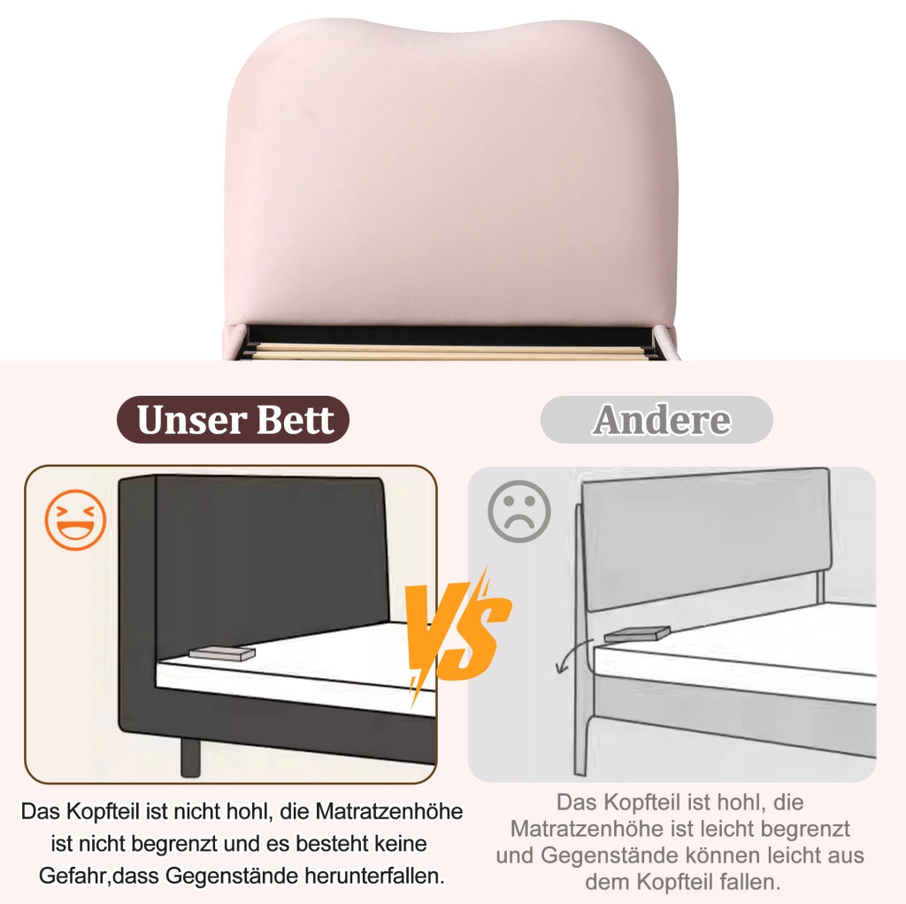 Letto singolo imbottito 90x200 cm in velluto rosa con contenitore e rete a doghe