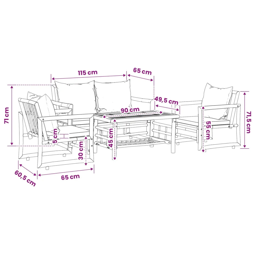 Set Divani da Giardino 4 pz con Cuscini in Bambù 43159