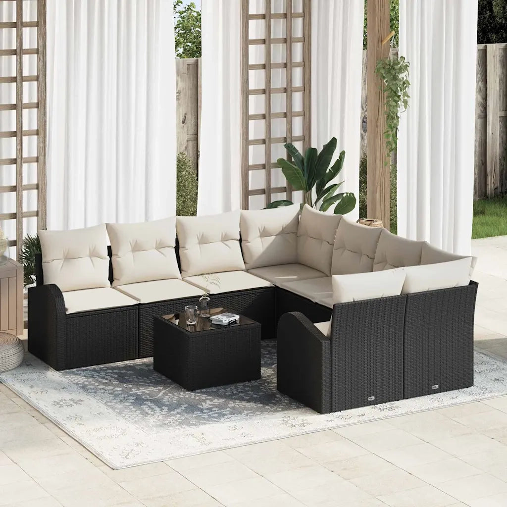 Set di divani con cuscino 9 pcs Nero e Crema polyrattan