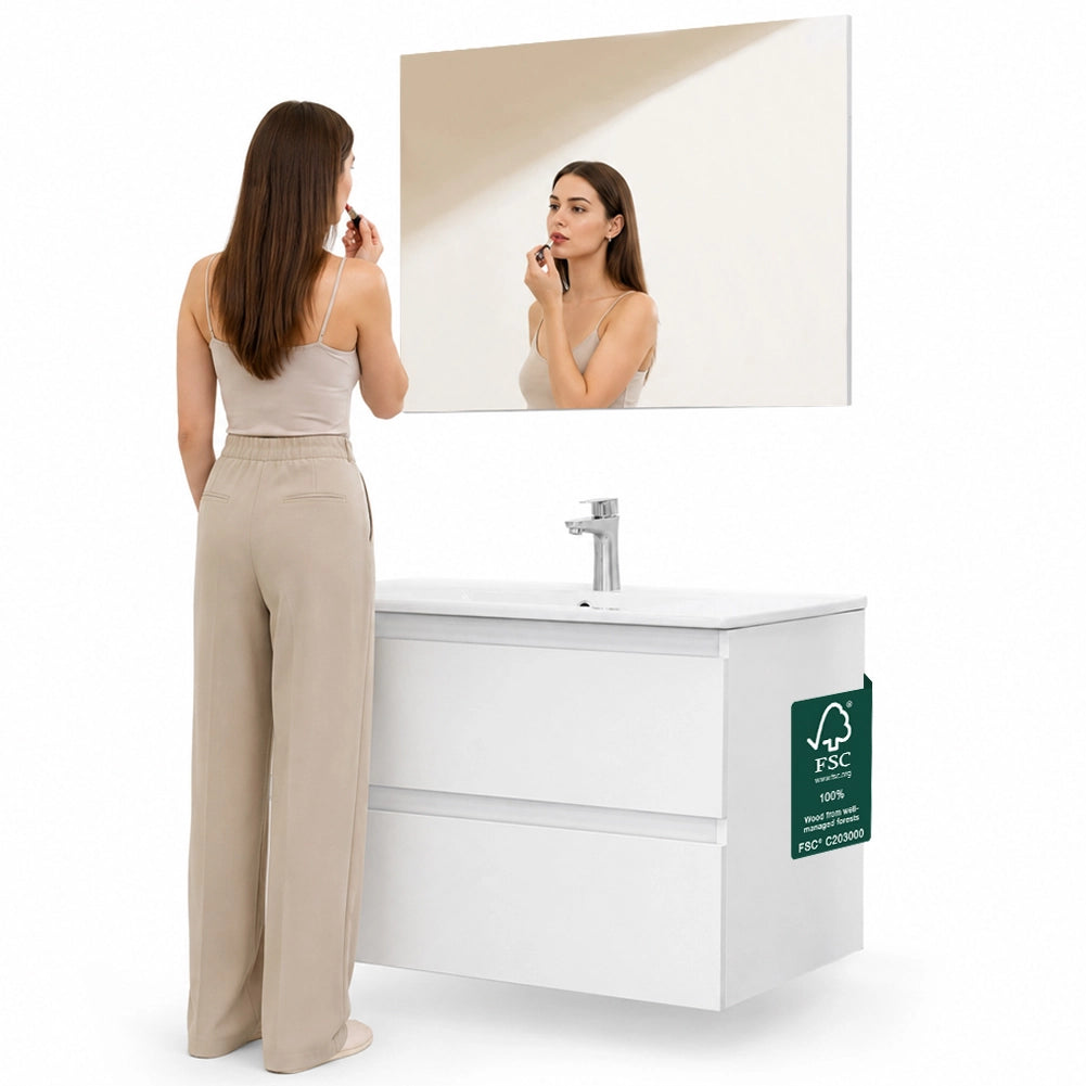 Mobile da Bagno Sospeso con Specchio e 2 Cassetti Otranto Larghezza 80cm Bianco