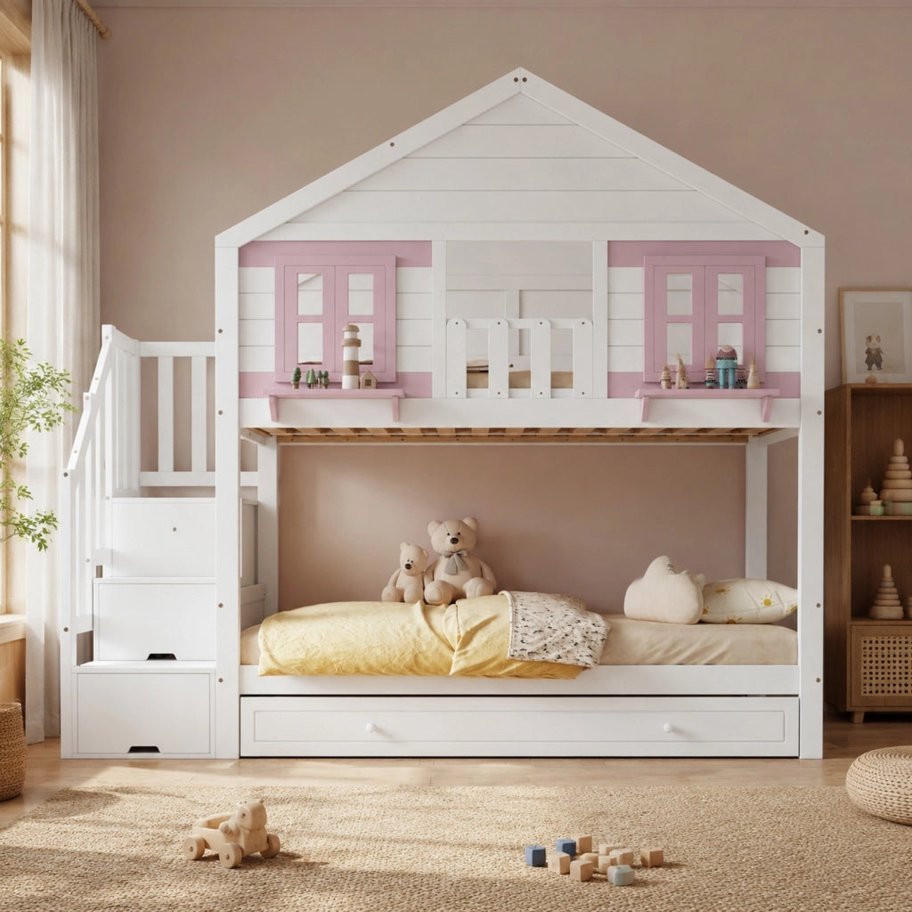 Letto a castello per bambini con letto estraibile e scala contenitore; 90x200 cm; bianco e rosa