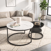 Tavolino salotto rotondo 70x70x45 cm set 2 pezzi tavolino da divano impilabile effetto marmo struttura in metallo - nero e bianco