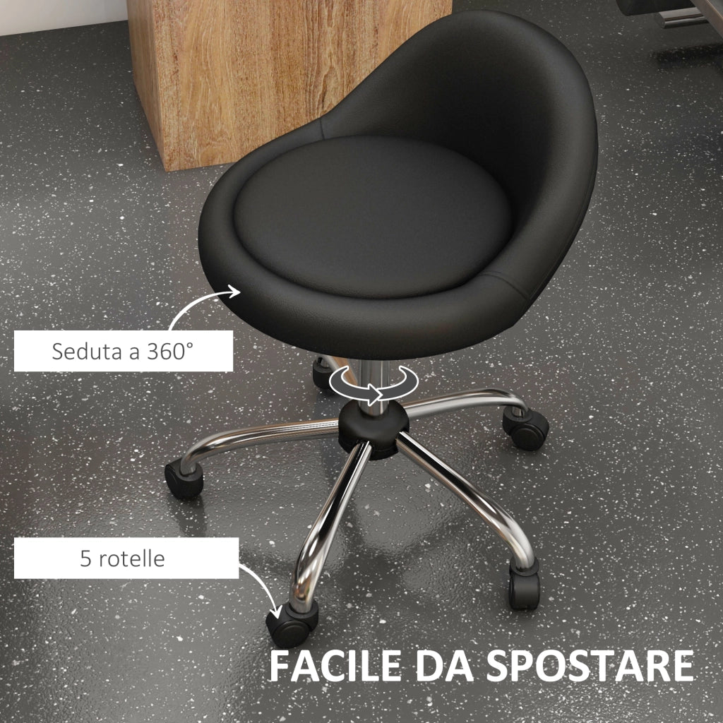 Sgabello con Ruote ¨C Minimal ¨C Nero, Finta Pelle PU, Altezza Regolabile