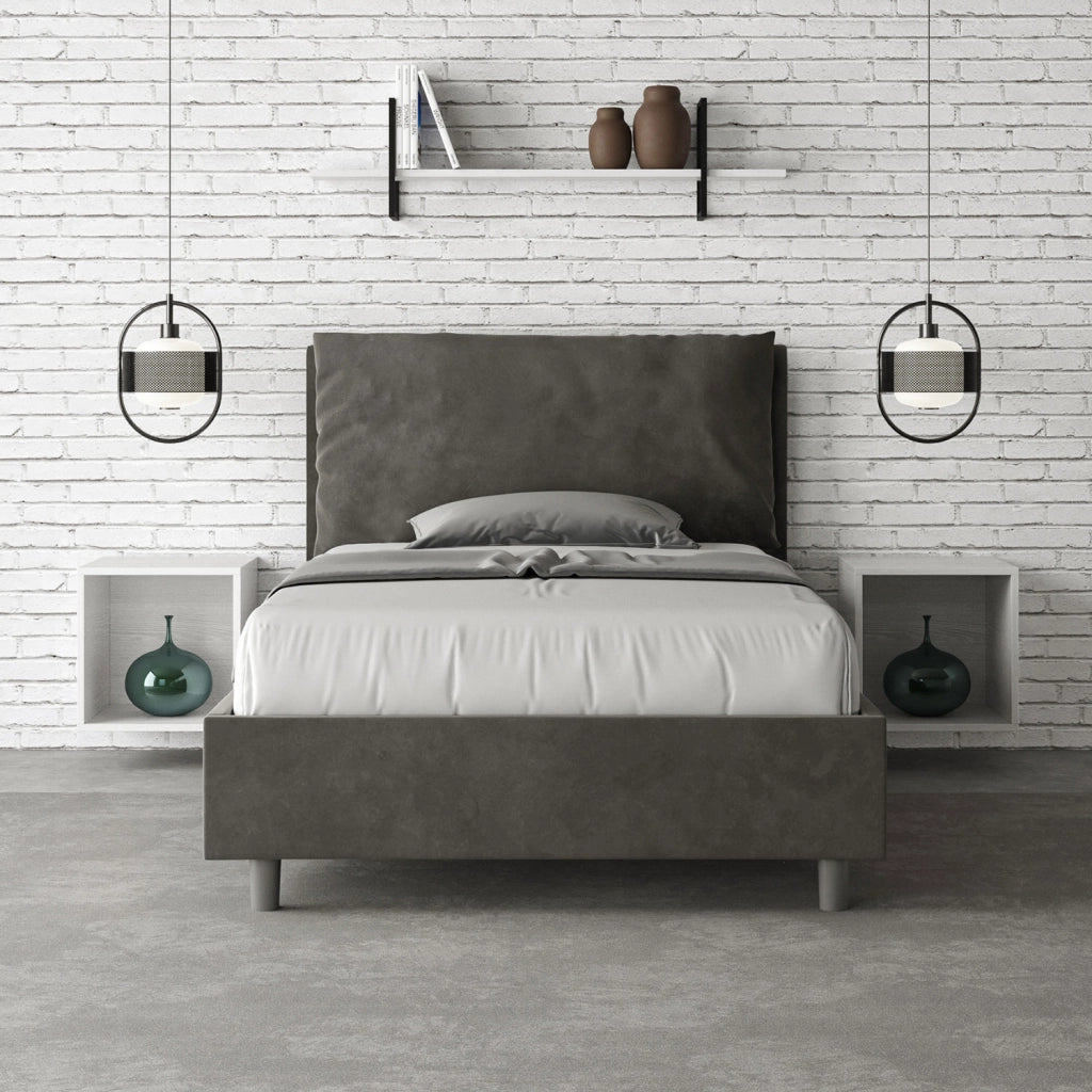 BS COM Letto una piazza e mezza con rete imbottito 110x190 microfibra grigio