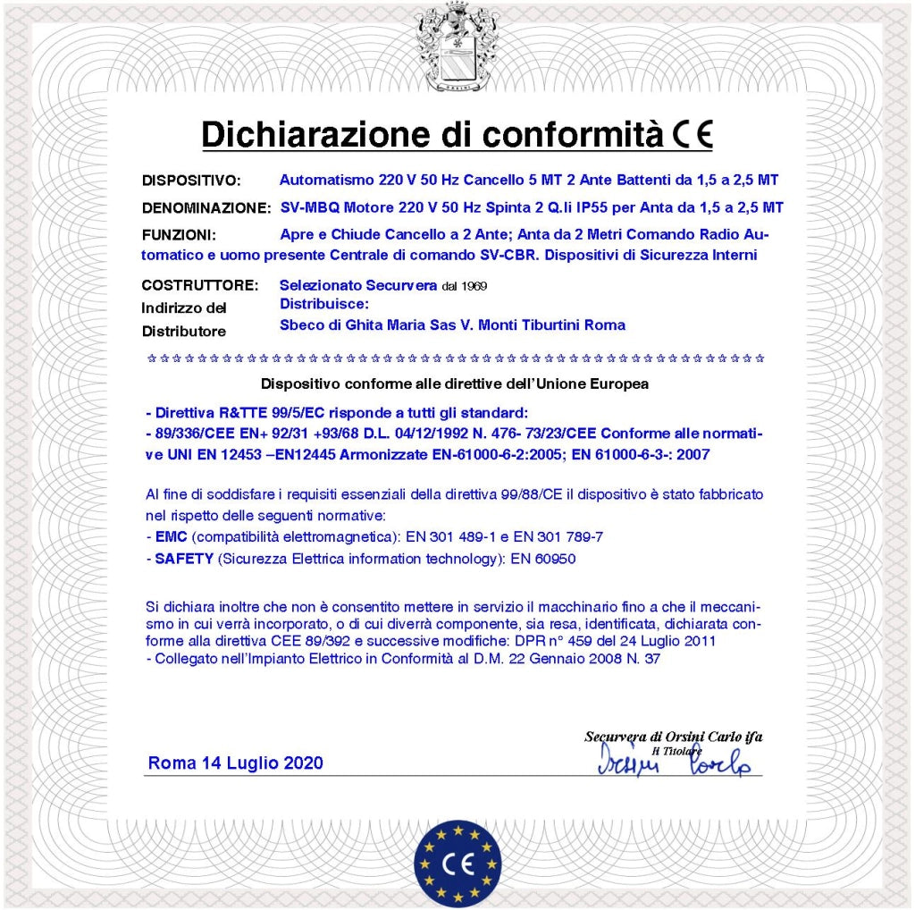 Automazione Cancello 5 Metri 2 Ante da 2,5 MT Kit Base Automatismo 2 Motori Elettromeccanici 230V Spinta 2 Q.li Sblocco Staffe Centrale Con Ricevente Un Radiocomando Faro Fotocellule Cartello Monitore
