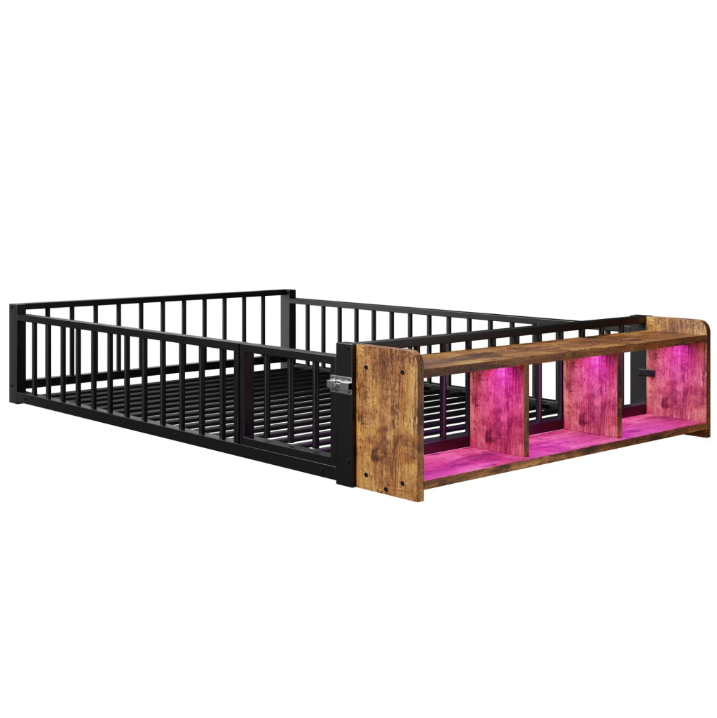 Letto per bambini 140x200 cm con sponda, vano aperto e LED in metallo e MDF nero