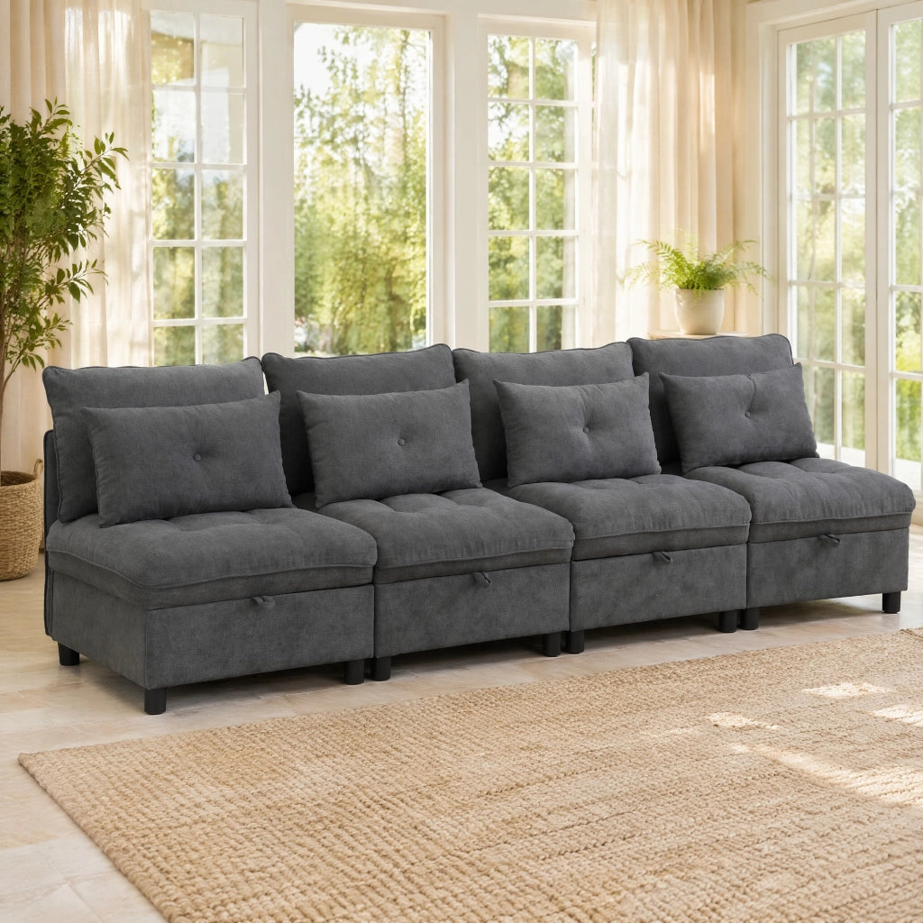 Divano modulare 4 posti con contenitore, funzione letto e rivestimento in chenille, Grigio Antico