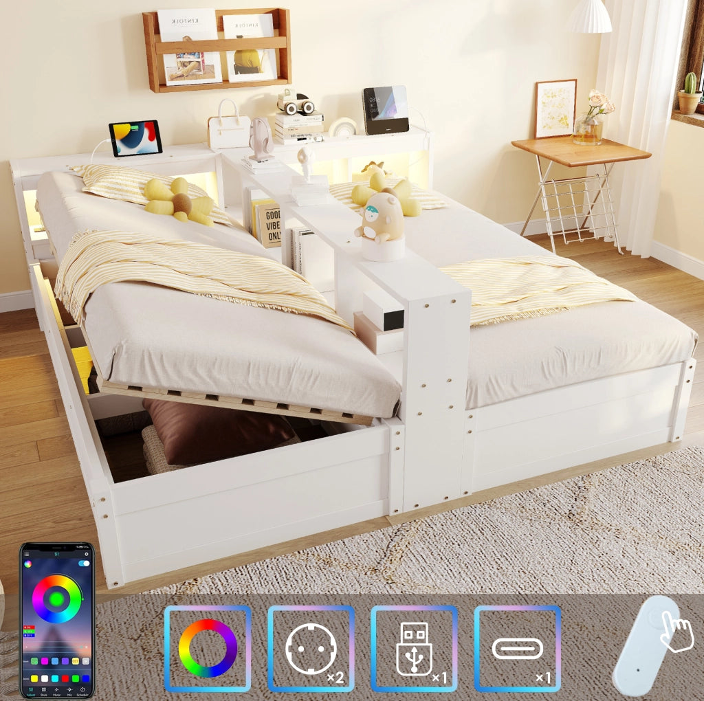 Letto multifunzione 90/180x200 cm bianco con prese integrate, LED e contenitore
