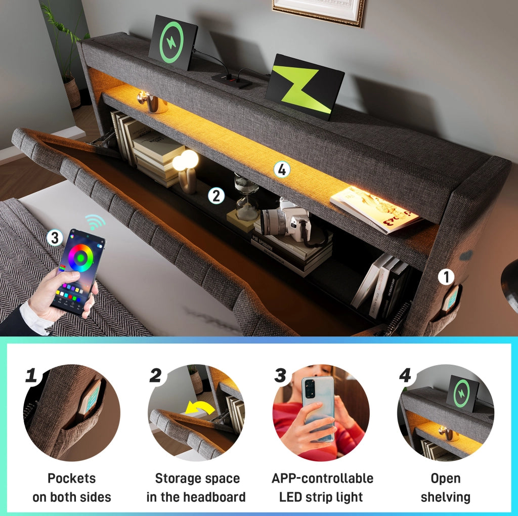 Letto contenitore 140 × 190 cm con LED; USB e USB-C; lino grigio