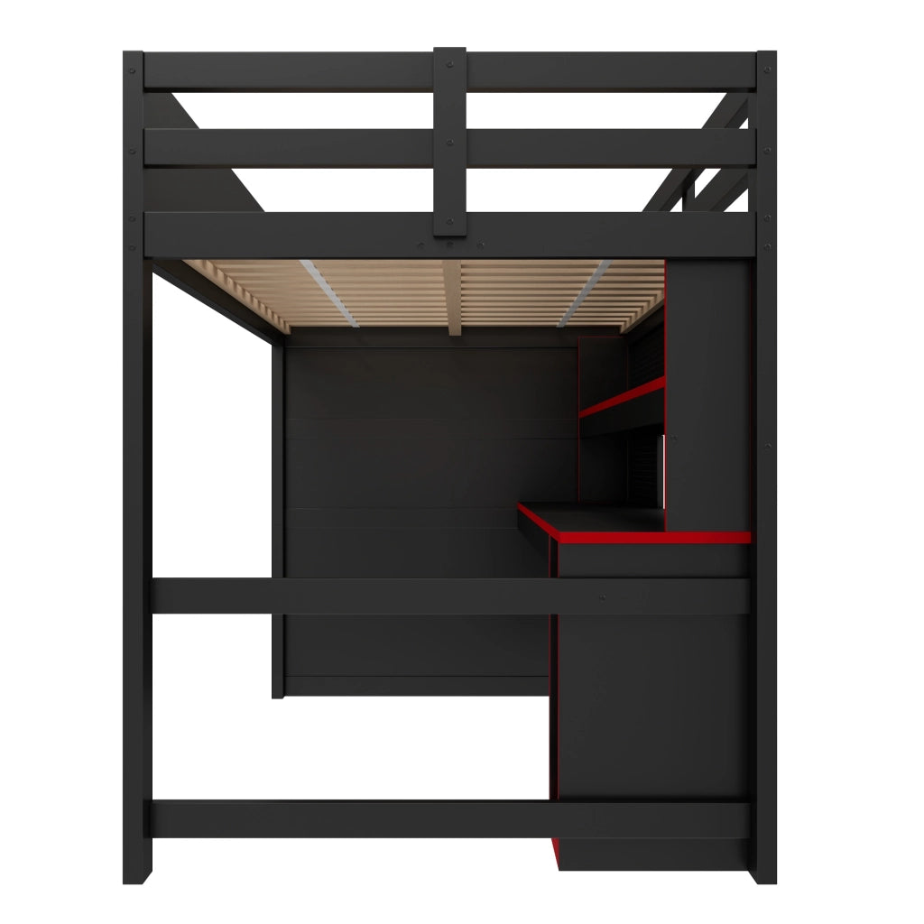 Letto a soppalco 140x200 con scrivania integrata; LED e USB; nero e rosso