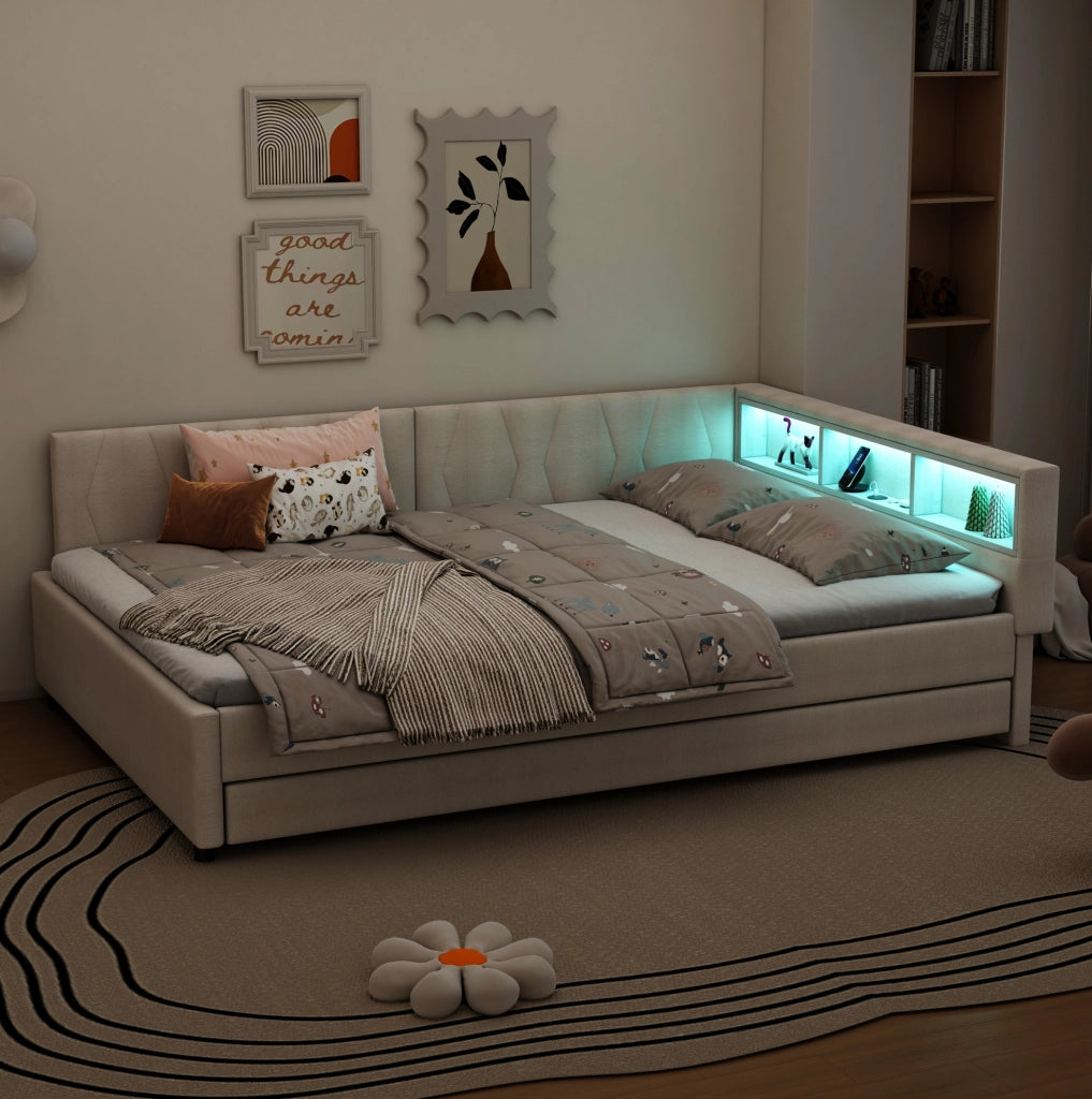 Letto Giorno Multifunzionale 140x200 cm con LED, Porta USB e Ripiani, Struttura in Lino Beige con Rete a Doghe Senza Materasso