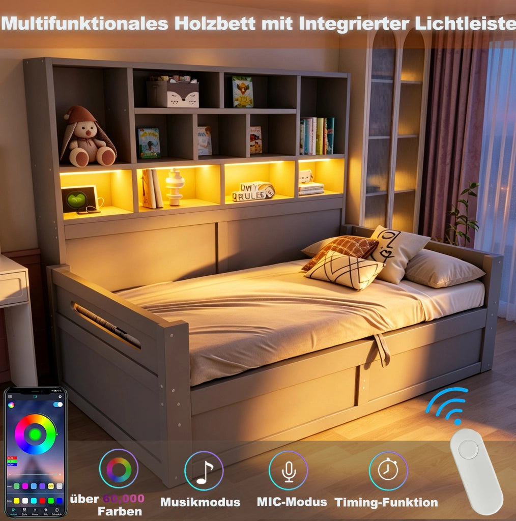 Multifunktionsbett 90x200 cm con contenitore idraulico; LED e prese; MDF; grigio