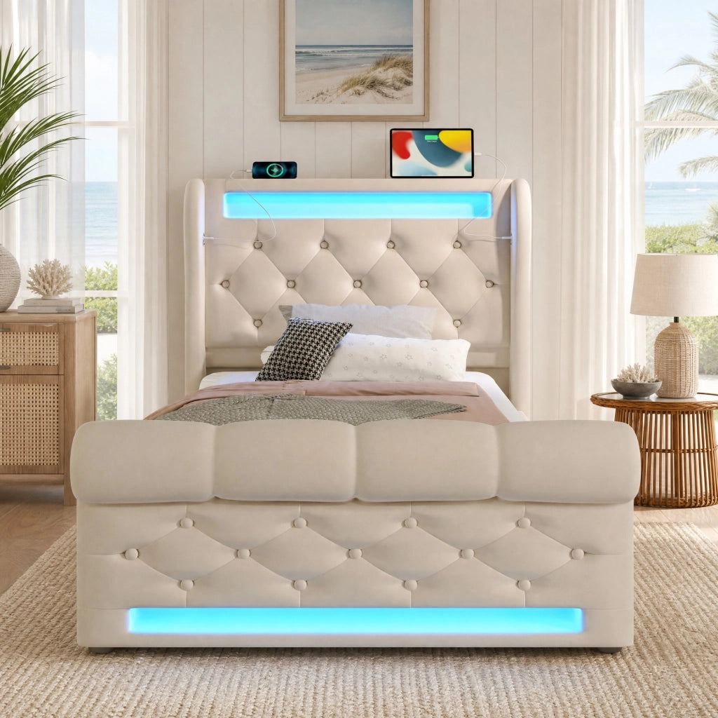 Letto imbottito contenitore 90 × 200 cm con LED; USB e Type-C; velluto beige