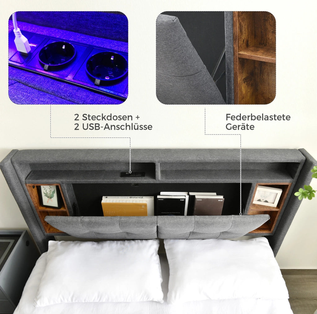 Letto matrimoniale imbottito 140x200 cm con LED, USB e vano