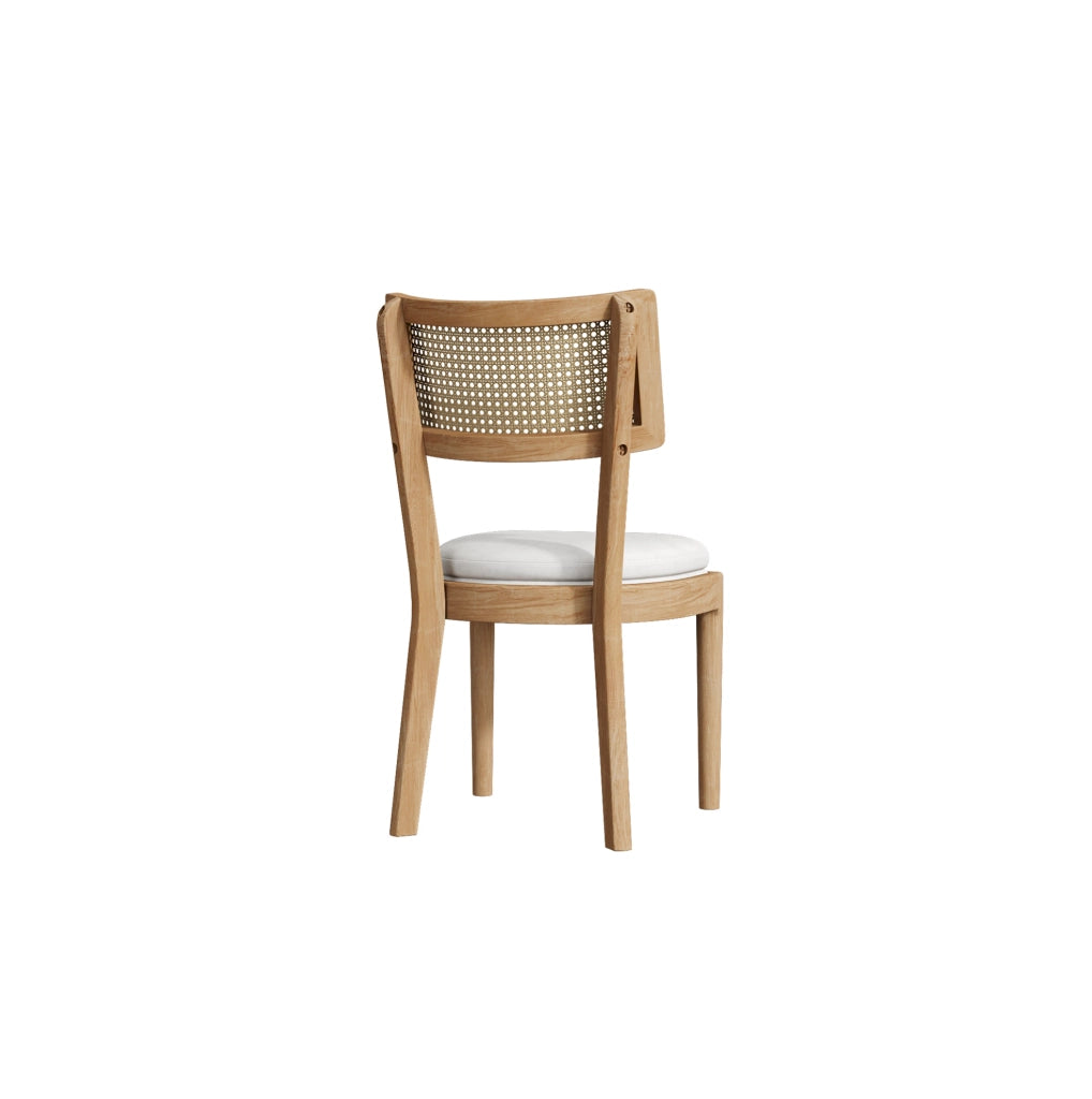 Set di 2 sedie da pranzo in legno massello con schienale in rattan e cuscino in lino, design moderno, colore legno naturale