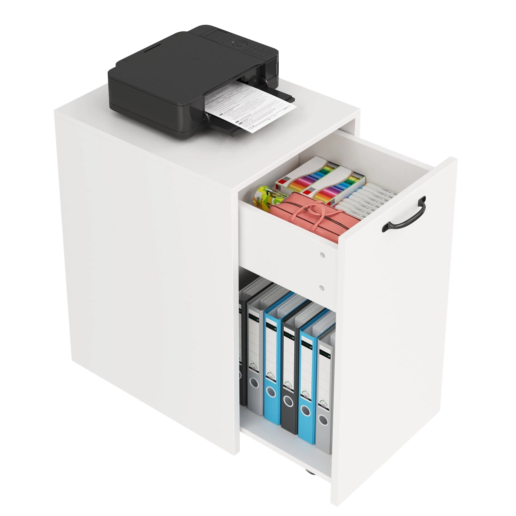 Mobiletto porta documenti con ruote, 35x40x70 cm, bianco. Armadietto ufficio estraibile con cassetto e vano aperto, montabile a destra/sinistra per cartelle e libri