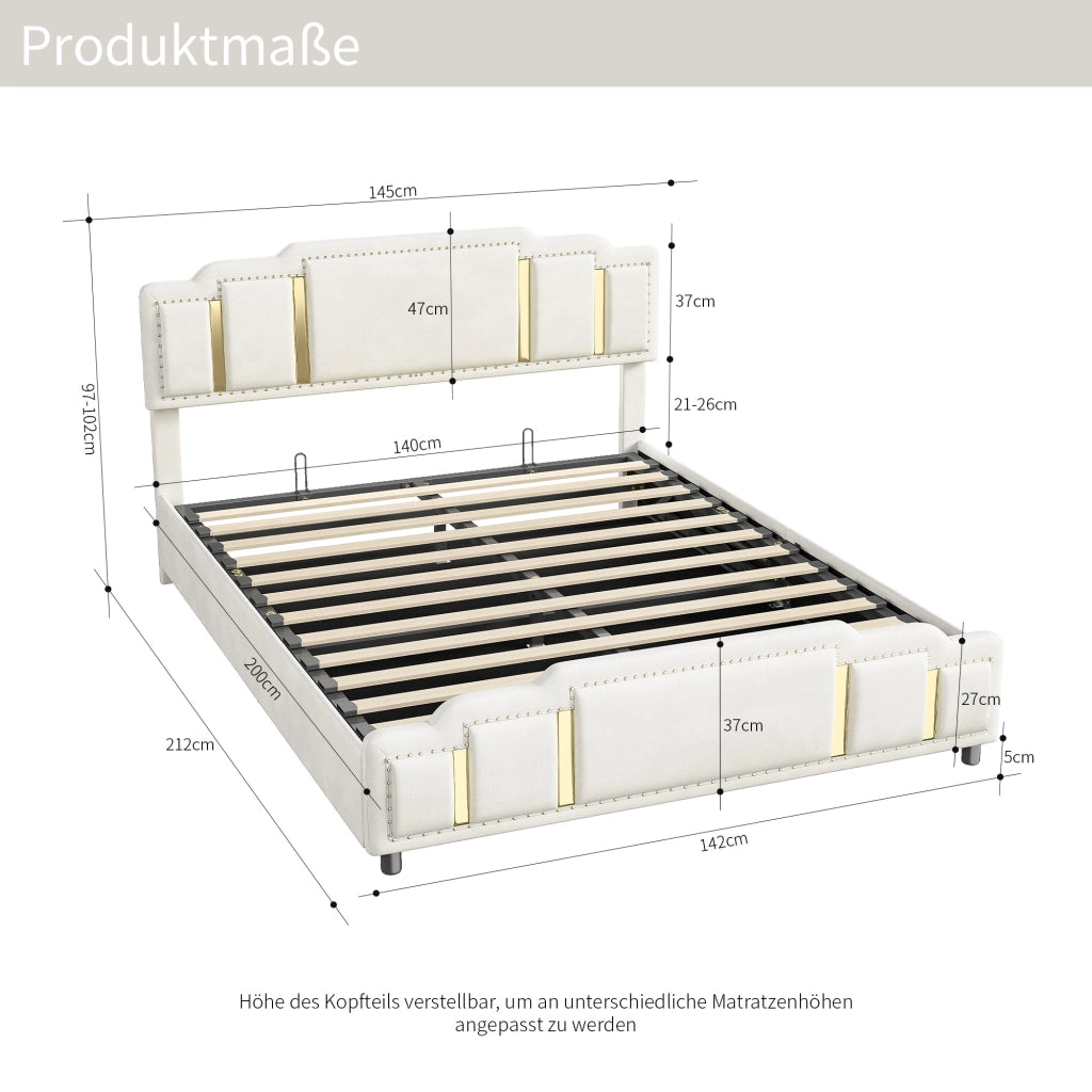 Letto imbottito idraulico 140x200 cm in velluto beige