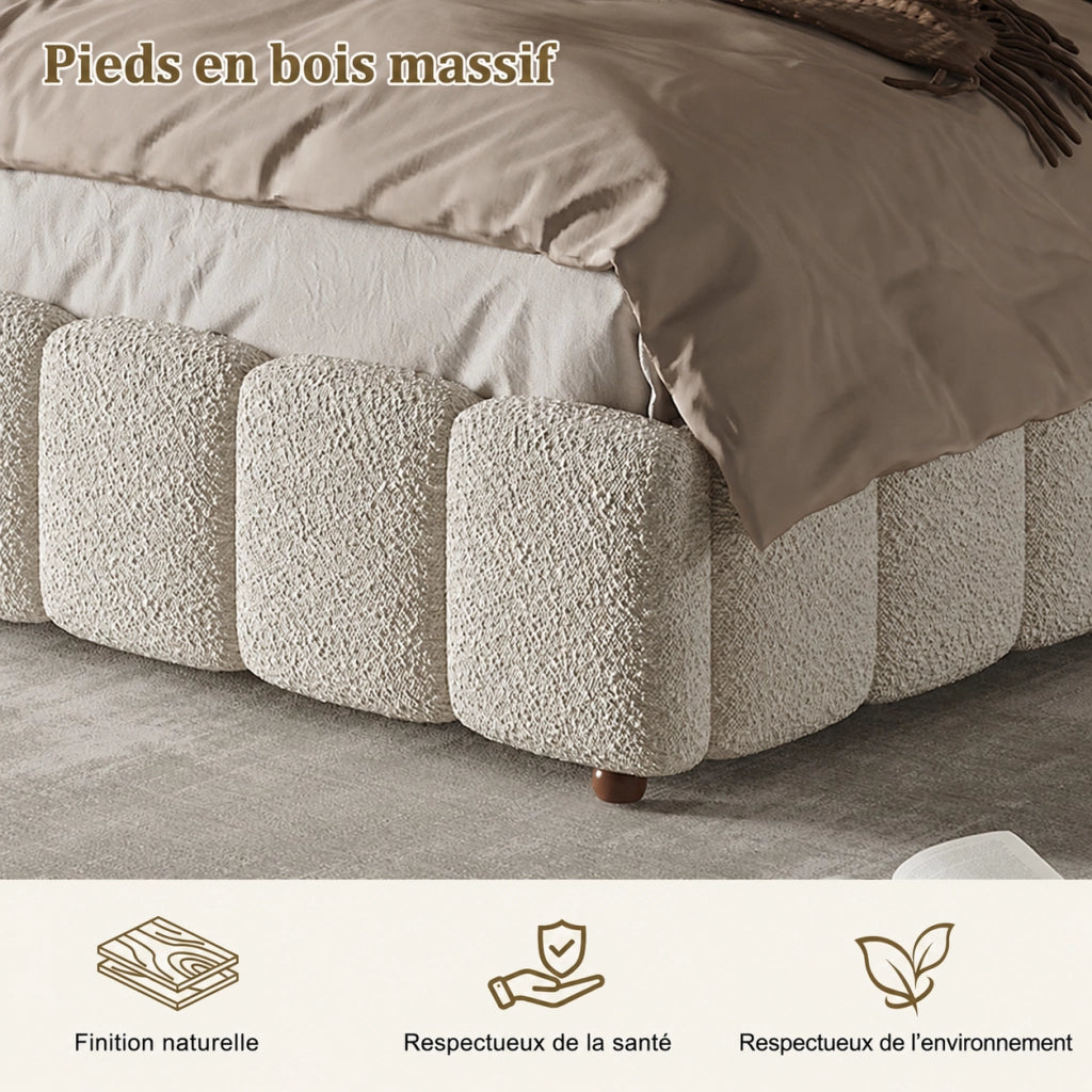 Letto contenitore 140 x 200 cm in tessuto boucl¨¦ bianco, matrimoniale imbottito idraulico con rete a doghe e ampio contenitore, testiera trapuntata