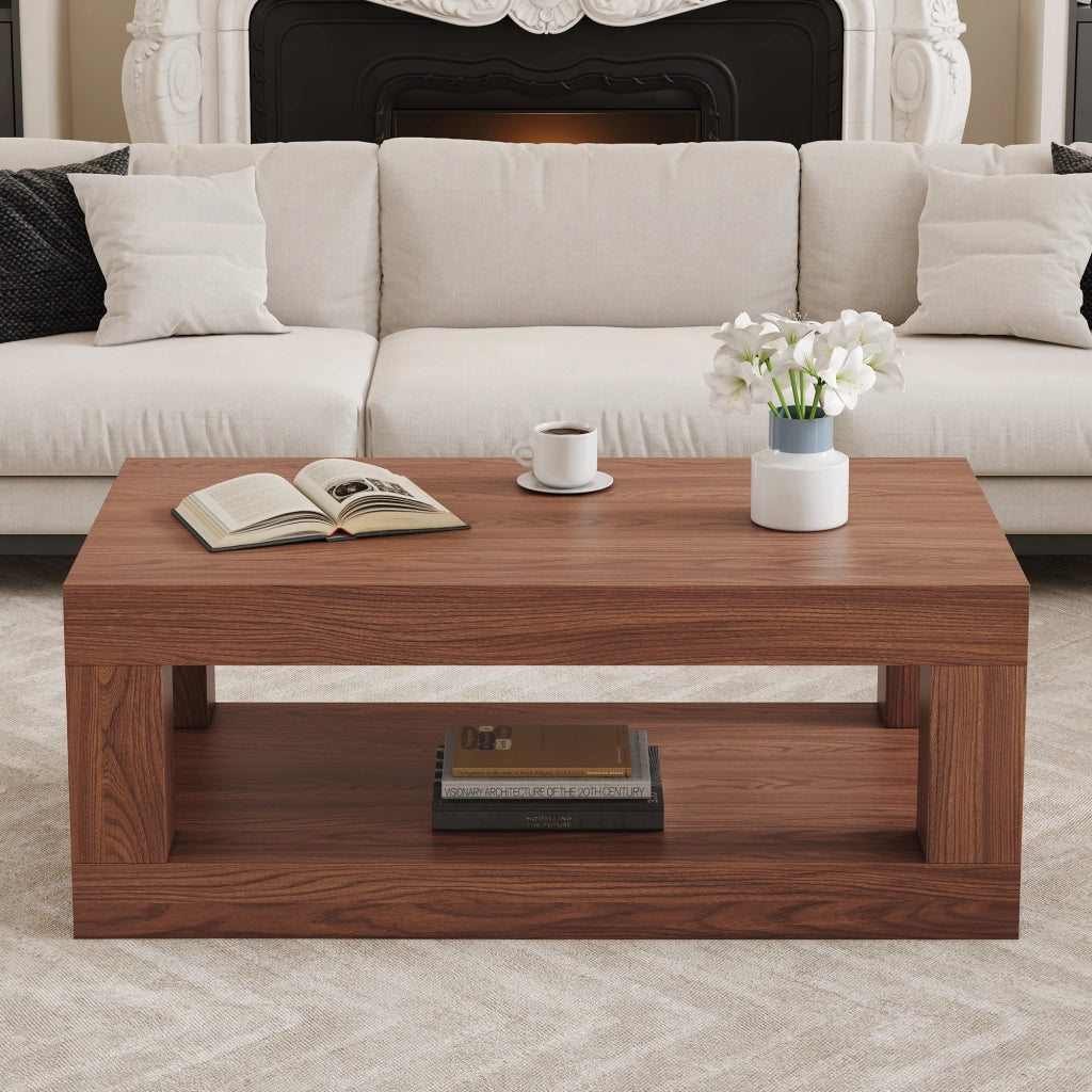 Tavolino da salotto fisso rettangolare a 2 livelli con ripiano aperto; in MDF; per soggiorno; 104×65.5×28 cm; noce