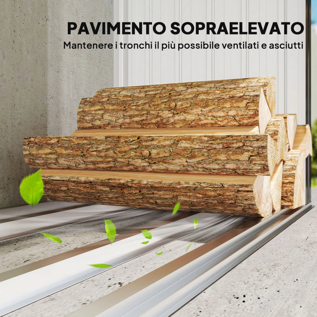 Capanno Portalegna Legnaia da Esterno 213x66.5x150 cm Base Rialzata e Tetto Inclinato in Acciaio Grigio Scuro
