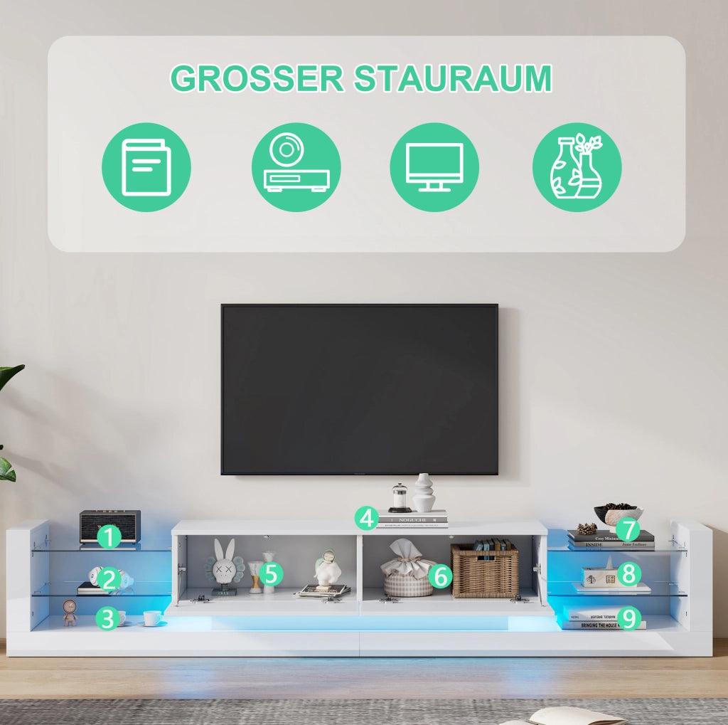 Mobile TV moderno 181 cm con LED; frontale in vetro e 2 cassetti ribaltabili; bianco