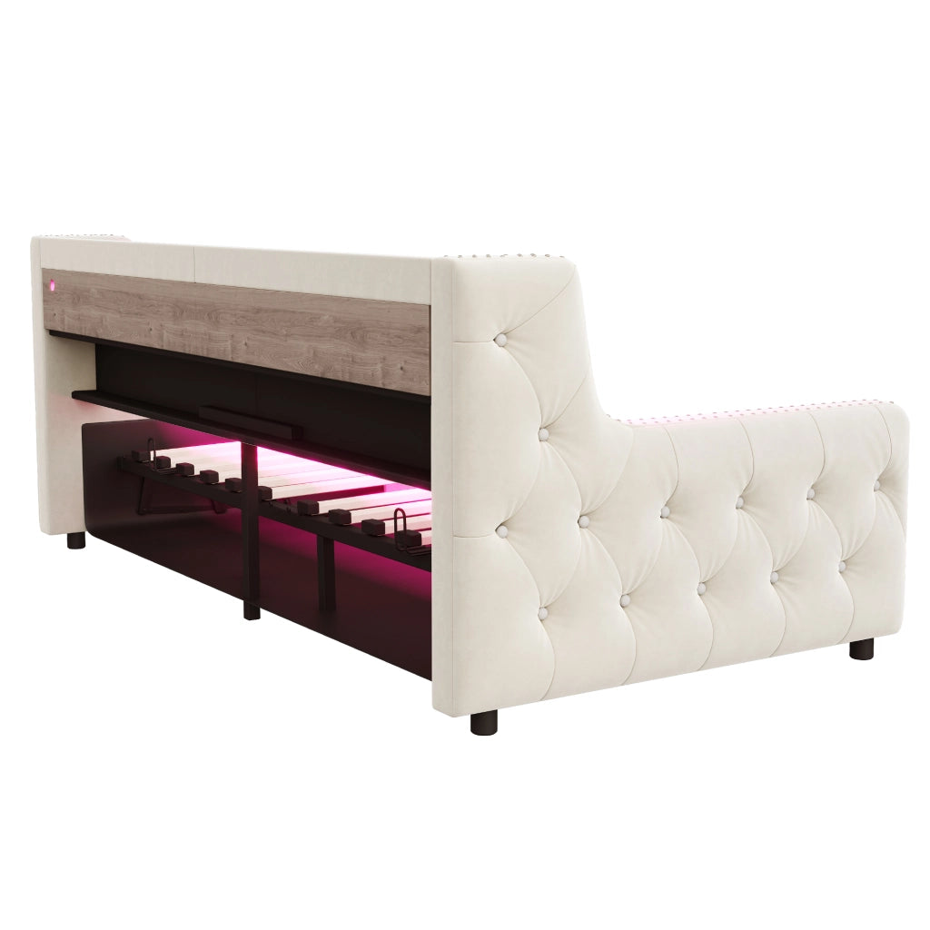Divano letto imbottito 90 × 200 cm con vano contenitore in velluto beige LED prese USB e tipo C