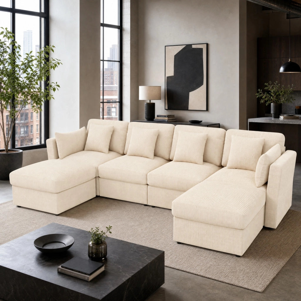 Divano angolare a U modulare 290x159,5x89 cm in velluto a coste beige