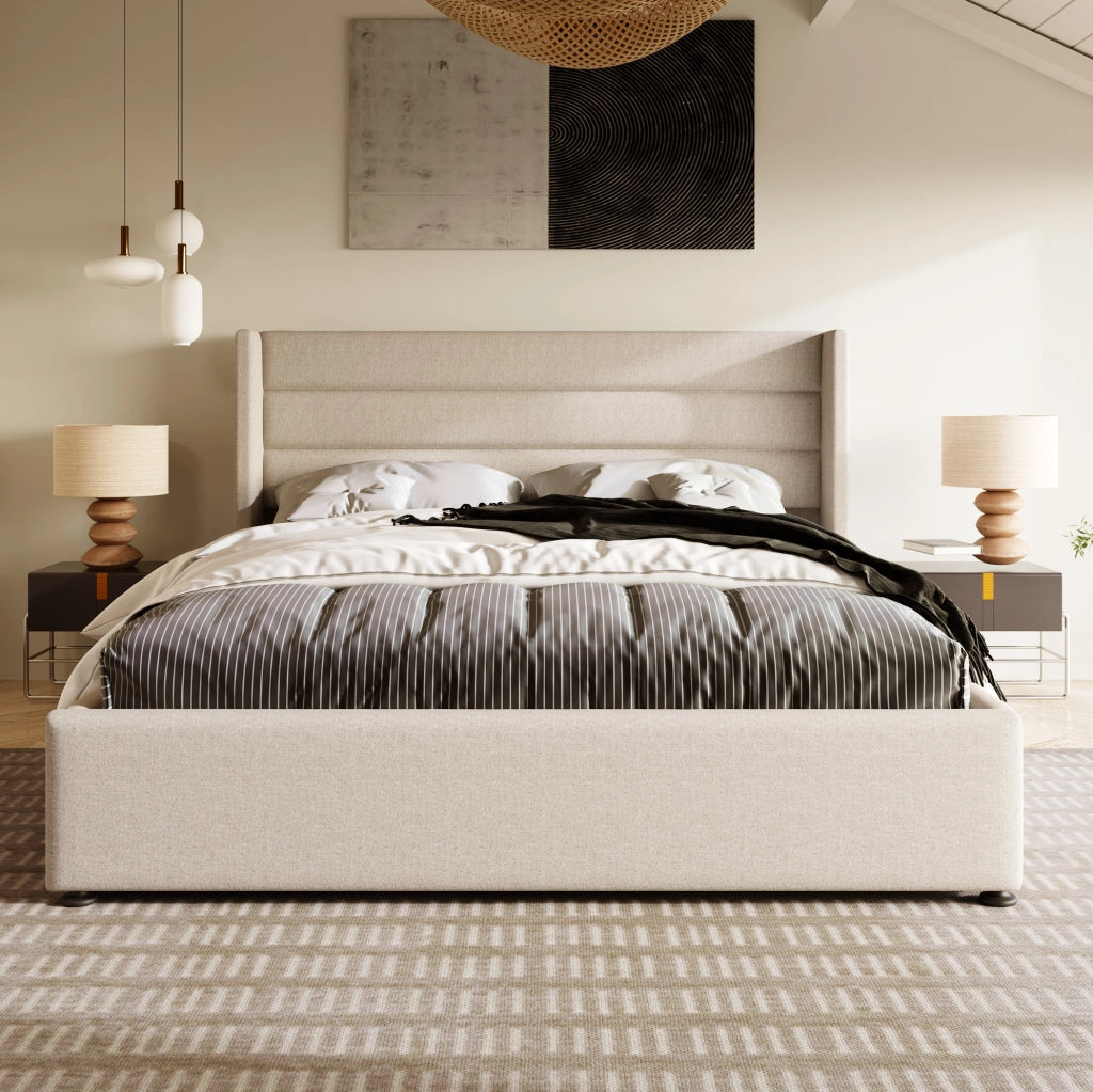 Letto imbottito con contenitore e rete sollevabile 140x200 cm; in lino beige