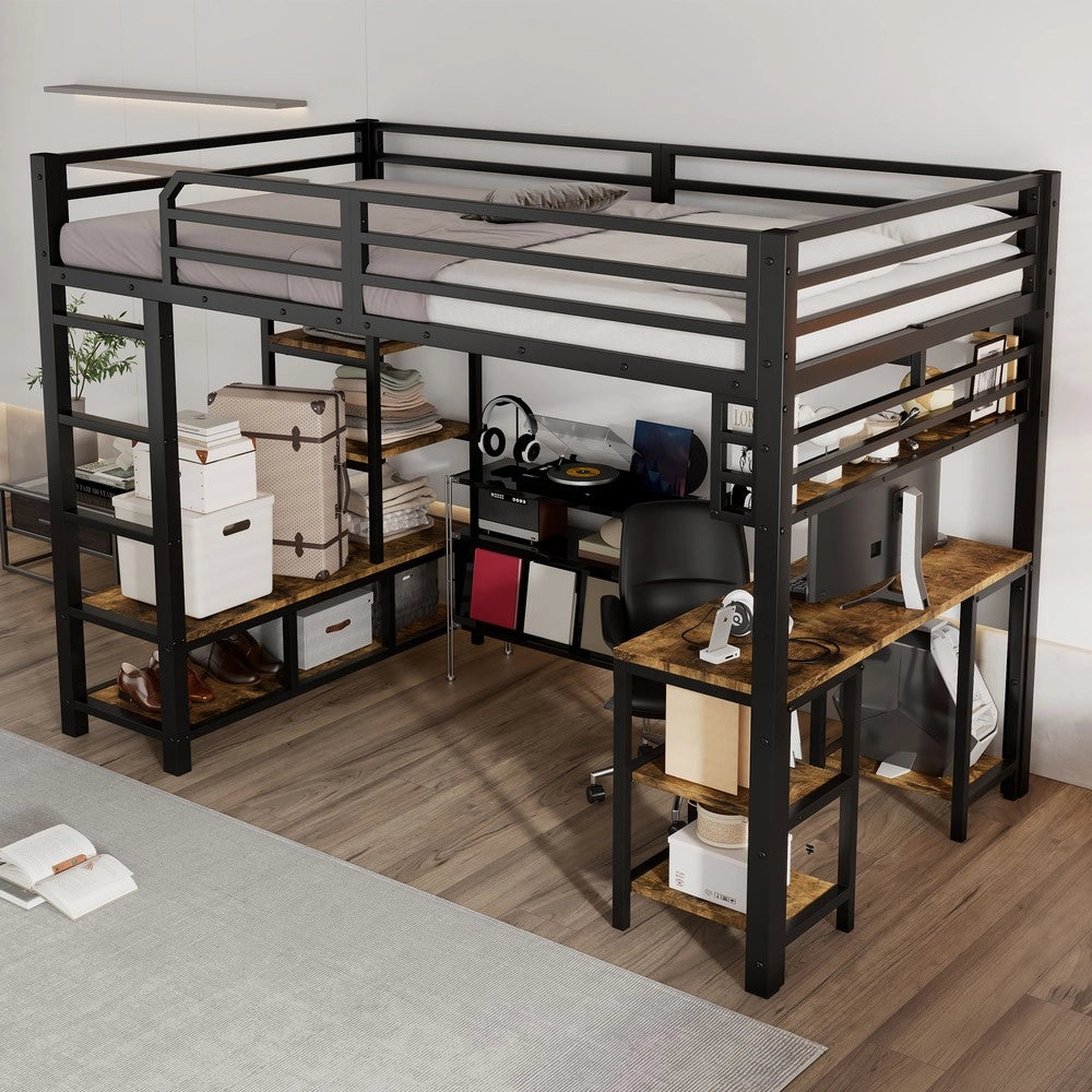 Letto a Soppalco con Scrivania ¨C MINIMAL ¨C Metallo e Legno, Nero, 120x200
