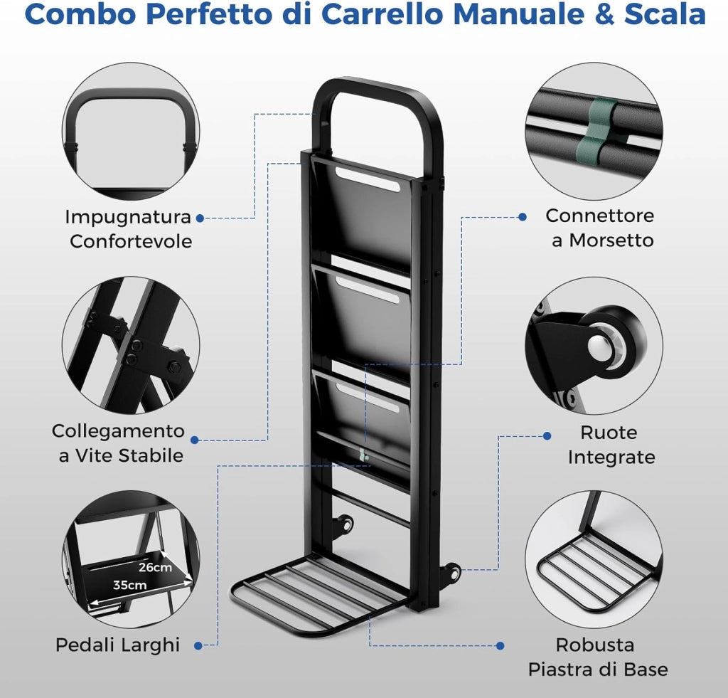 Scala a 3 Gradini Pieghevole con Ruote, 2 in 1 Scala e Carrello a Mano, Carrello a Mano con Ampie Pedane, Carrello Portapacchi a Scala in Metallo, Carico Massimo 250 kg