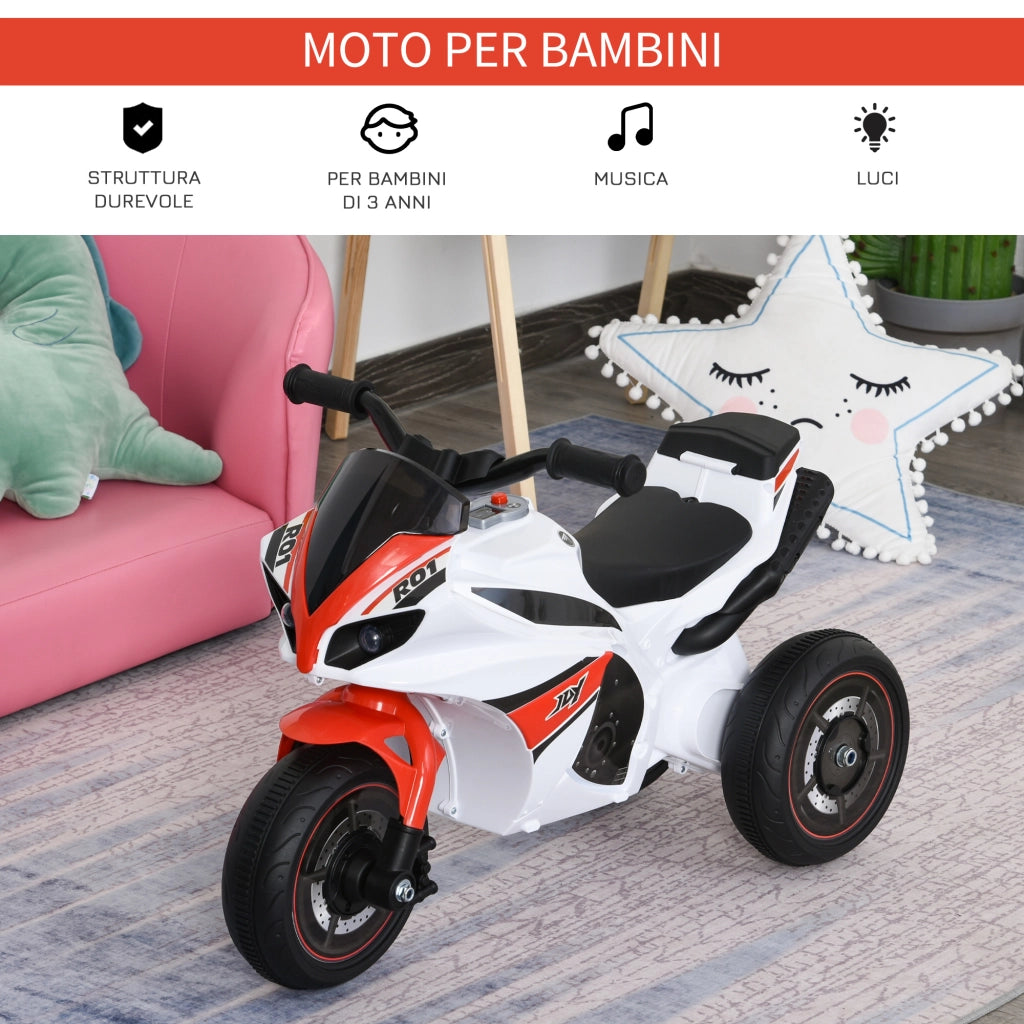 Moto Giocattolo a 3 Ruote per Bambini 18-36 Mesi, Motocicletta Cavalcabile Stile Polizia con Musica e Fari Senza Pedali in PP e Metallo Bianco e Rosso