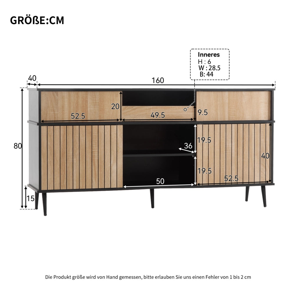 Credenza moderna con ante scorrevoli e cassetto, nero e naturale